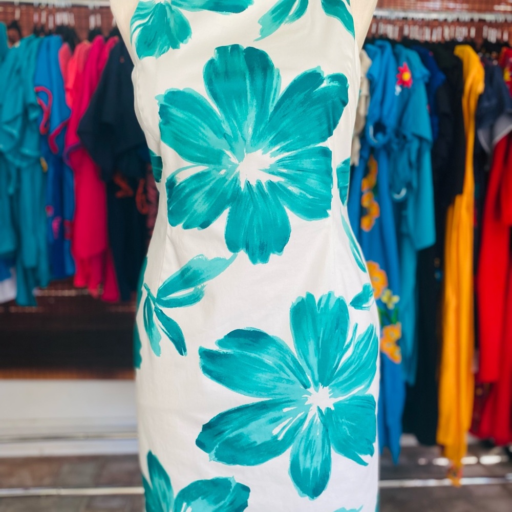 Jones New York Blue and White Halter Sheath Dress